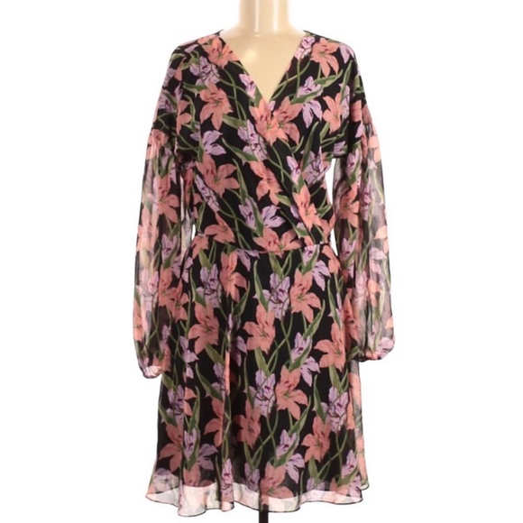 Anthropologie Aryessa Trellis Floral Wrap Dress Balloon Sleeve Small Black Pink - Picture 5 of 15
